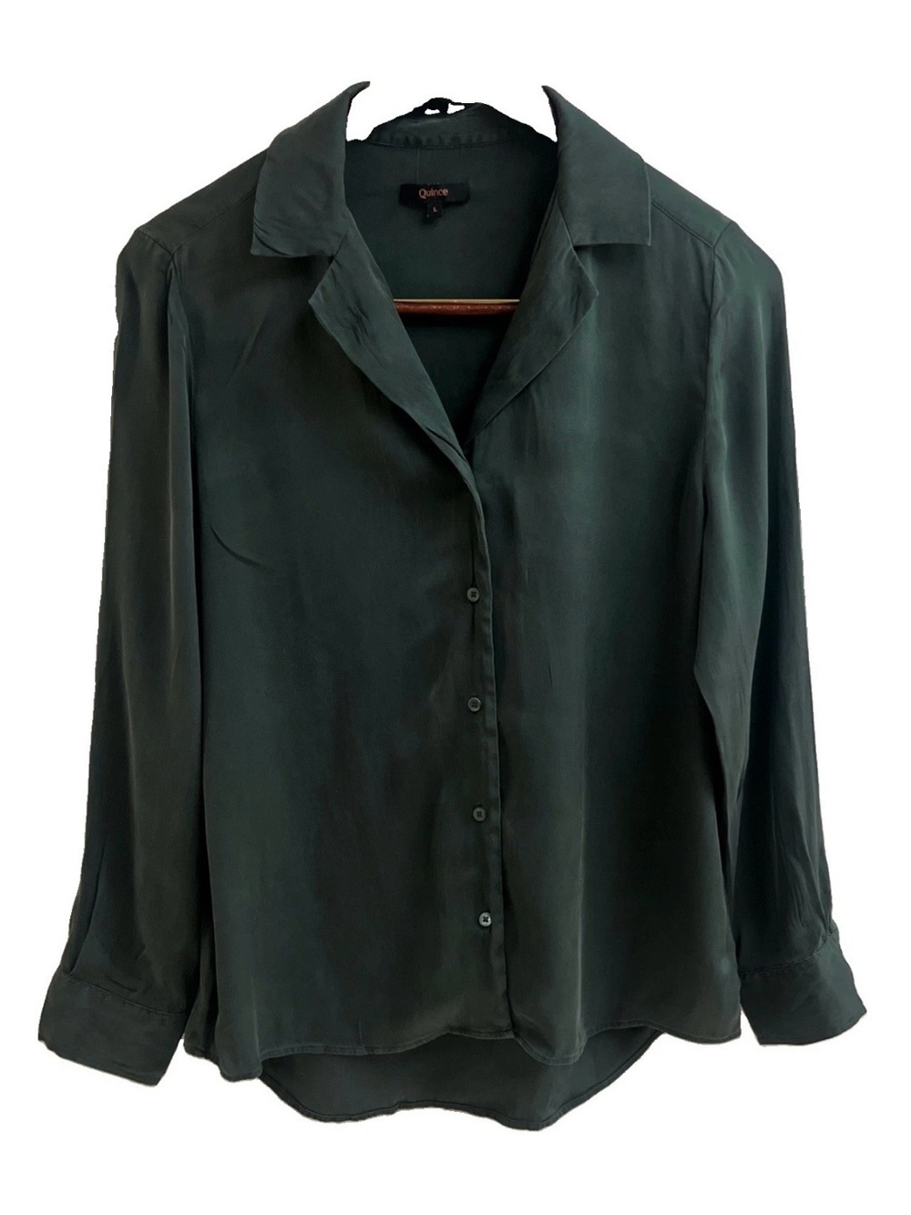 Quince Women's Size L Dark Green Silk Button Up Long Sleeve Shirt Blouse Classic